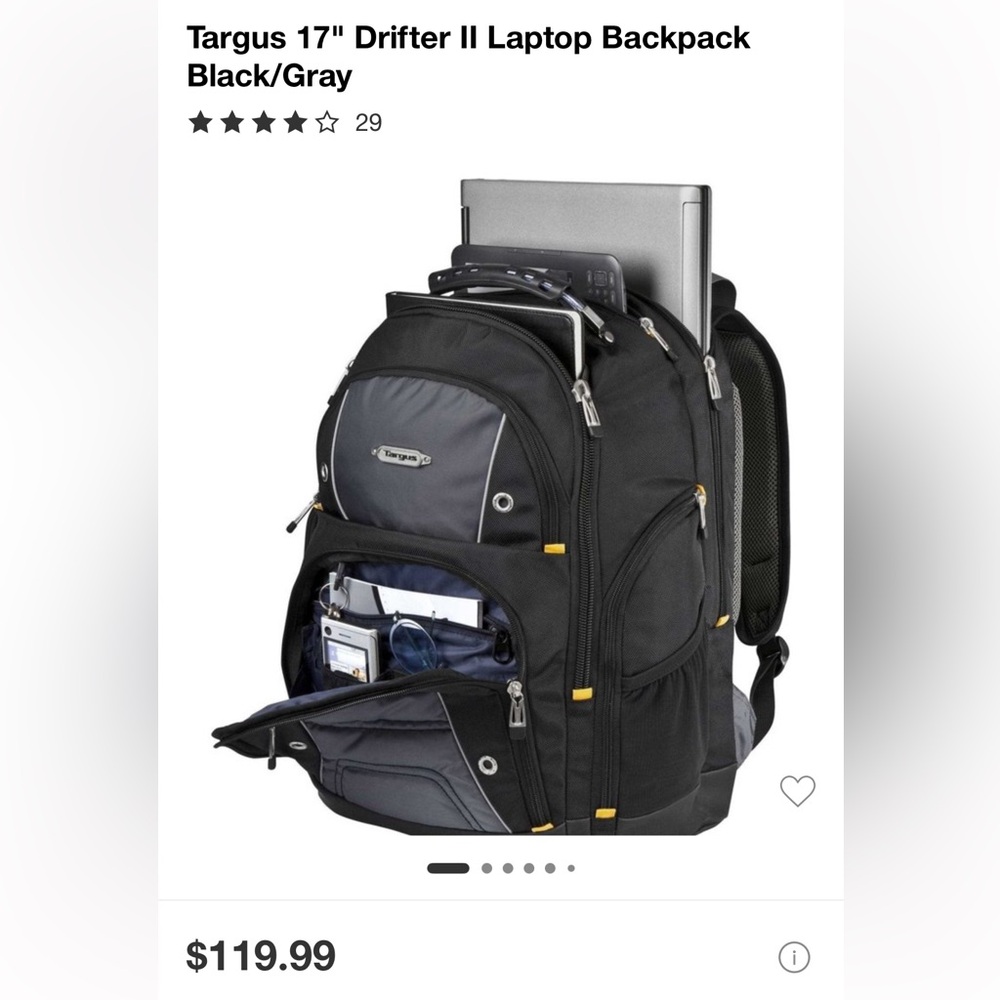 Targus Drifter II laptop backpack. Black and gray. Holds up-to 17” screen.